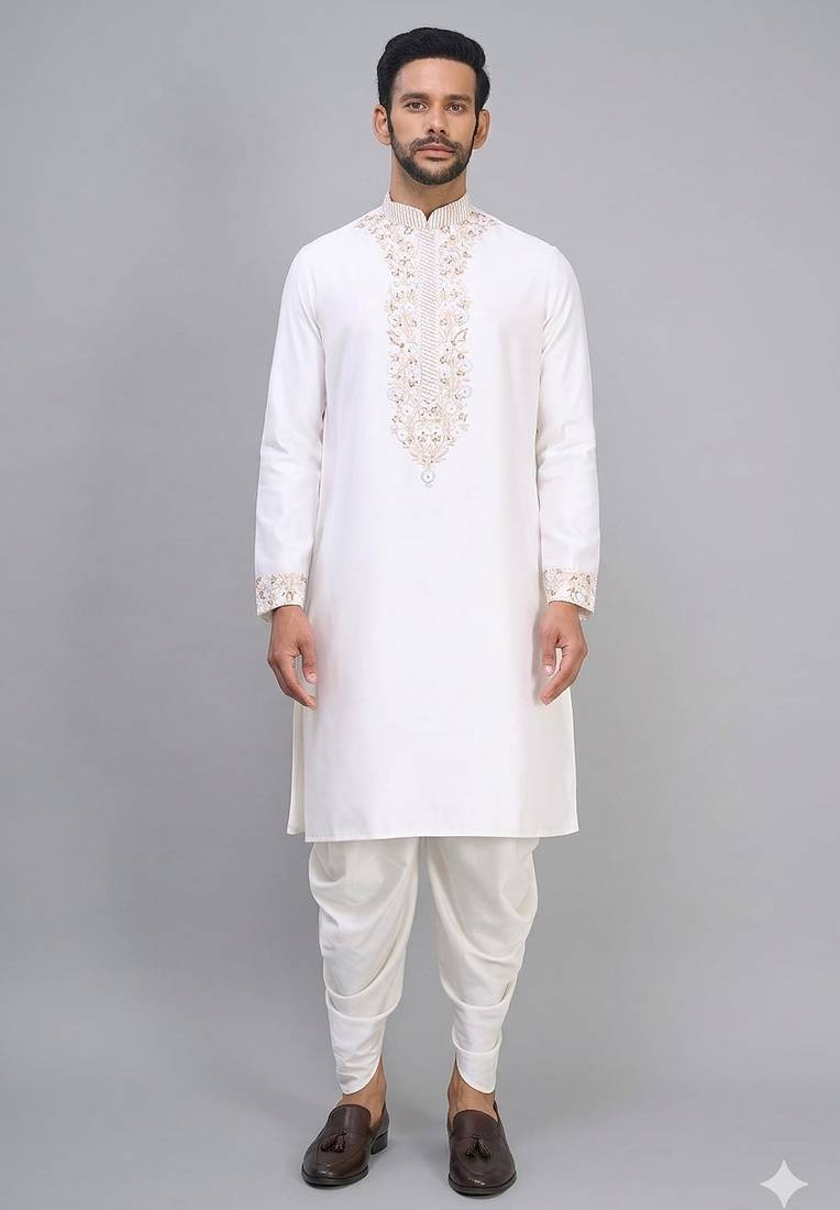 men’s off white embroidered silk kurta patiala set