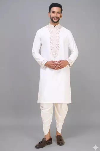 men’s off white embroidered silk kurta patiala set