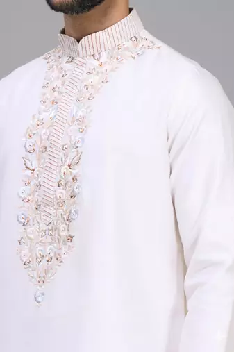 men’s off white embroidered silk kurta patiala set