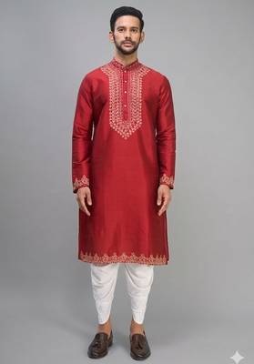 men’s red embroidered silk kurta patiala set 1