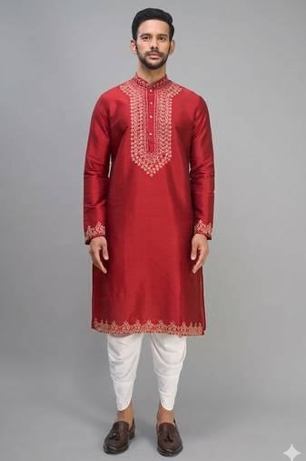 men’s red embroidered silk kurta patiala set