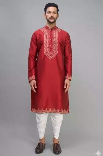 men’s red embroidered silk kurta patiala set