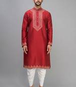 men’s red embroidered silk kurta patiala set