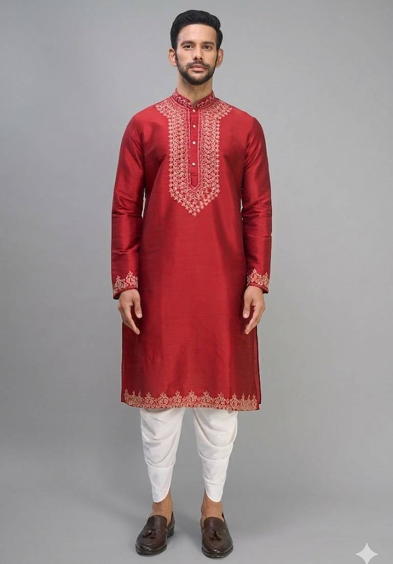 men’s red embroidered silk kurta patiala set