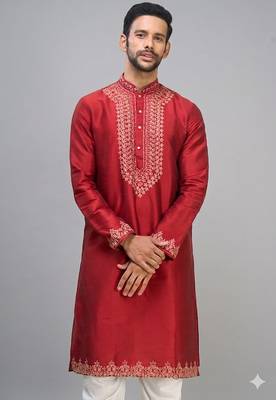 men’s red embroidered silk kurta patiala set 2