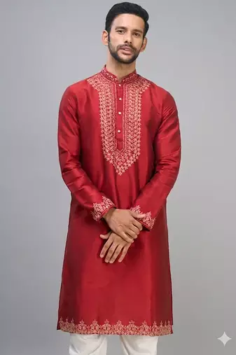 men’s red embroidered silk kurta patiala set