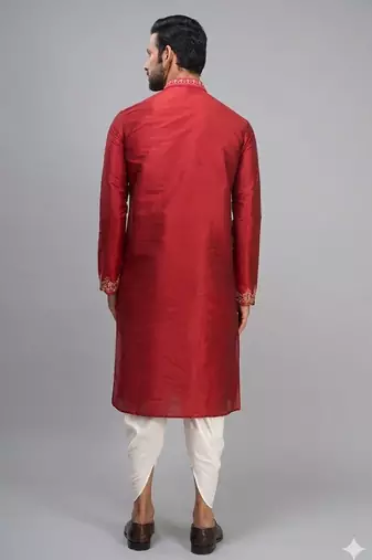 men’s red embroidered silk kurta patiala set
