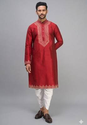 men’s red embroidered silk kurta patiala set 4