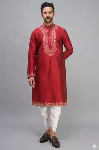 men’s red embroidered silk kurta patiala set