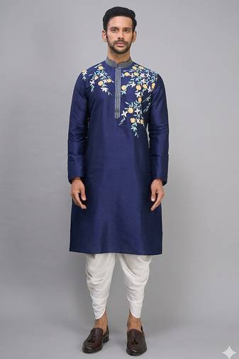 men’s navy blue embroidered silk kurta patiala set