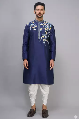 men’s navy blue embroidered silk kurta patiala set