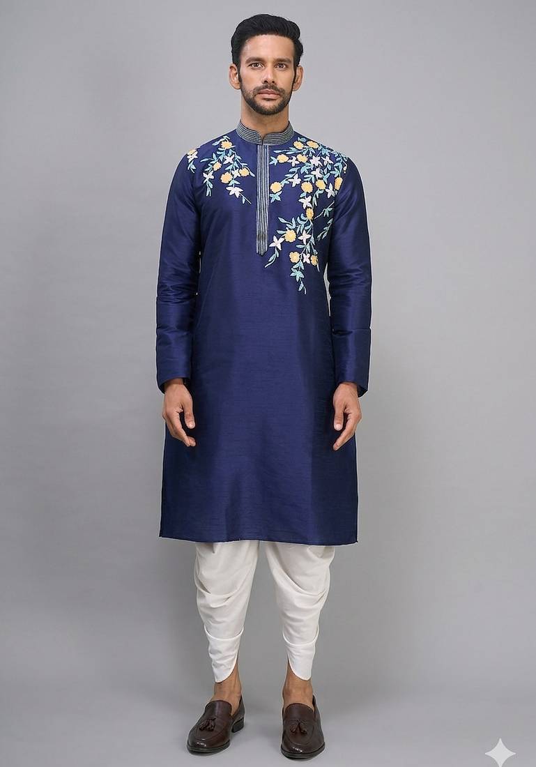 men’s navy blue embroidered silk kurta patiala set