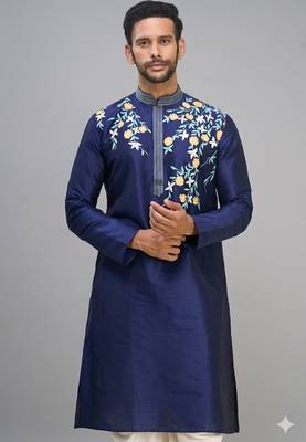 men’s navy blue embroidered silk kurta patiala set 2