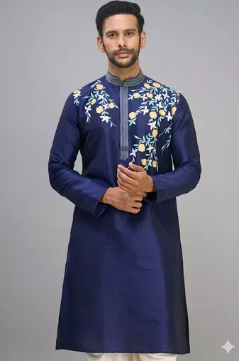 men’s navy blue embroidered silk kurta patiala set