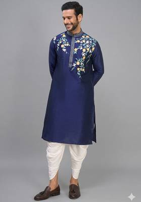 men’s navy blue embroidered silk kurta patiala set 3