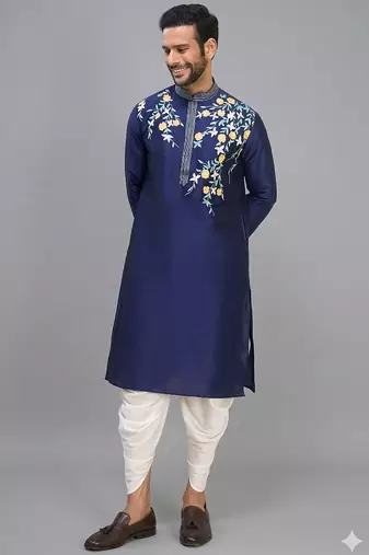 men’s navy blue embroidered silk kurta patiala set