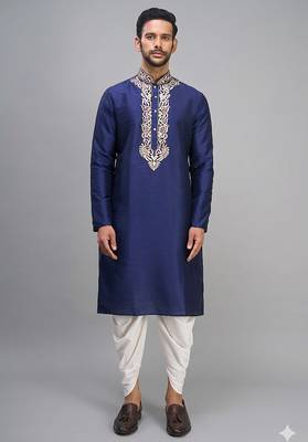 navy blue embroidered men’s silk kurta patiala set 1