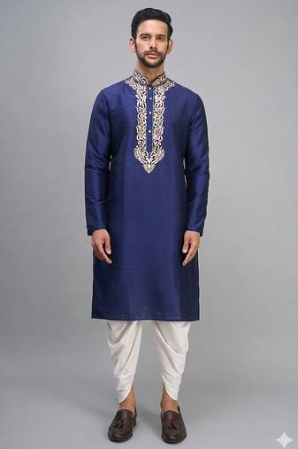 navy blue embroidered men’s silk kurta patiala set