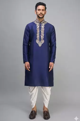 navy blue embroidered men’s silk kurta patiala set