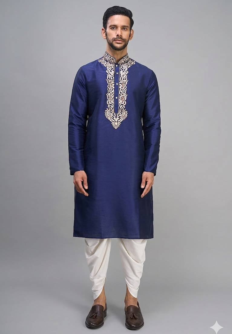 navy blue embroidered men’s silk kurta patiala set