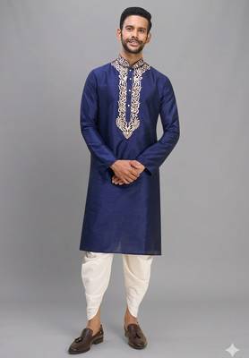 navy blue embroidered men’s silk kurta patiala set 2