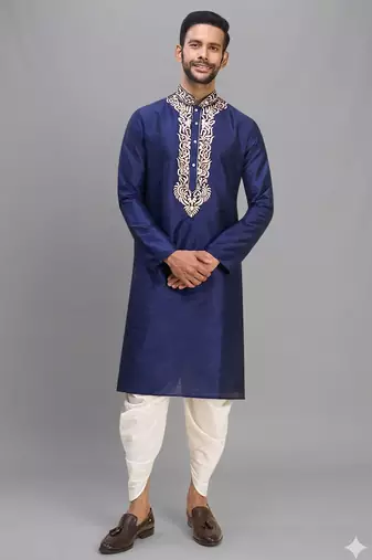 navy blue embroidered men’s silk kurta patiala set