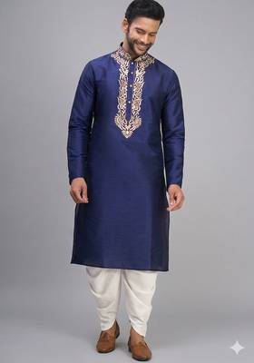 navy blue embroidered men’s silk kurta patiala set 3