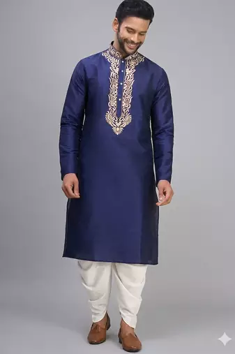 navy blue embroidered men’s silk kurta patiala set