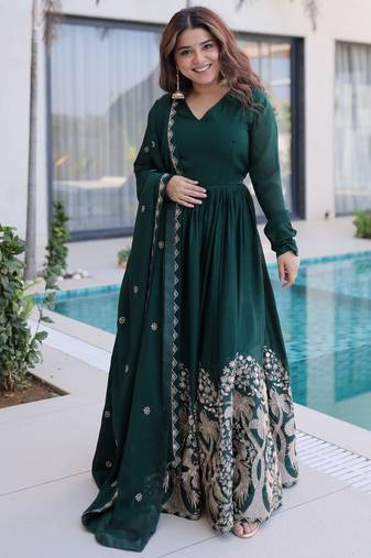 Amazing Bottle Green Sequins Crushed Mehendi Wear Gown With Dupatta
