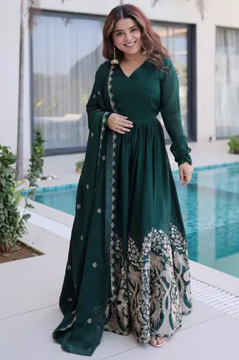 Amazing Bottle Green Sequins Crushed Mehendi Wear Gown With Dupatta