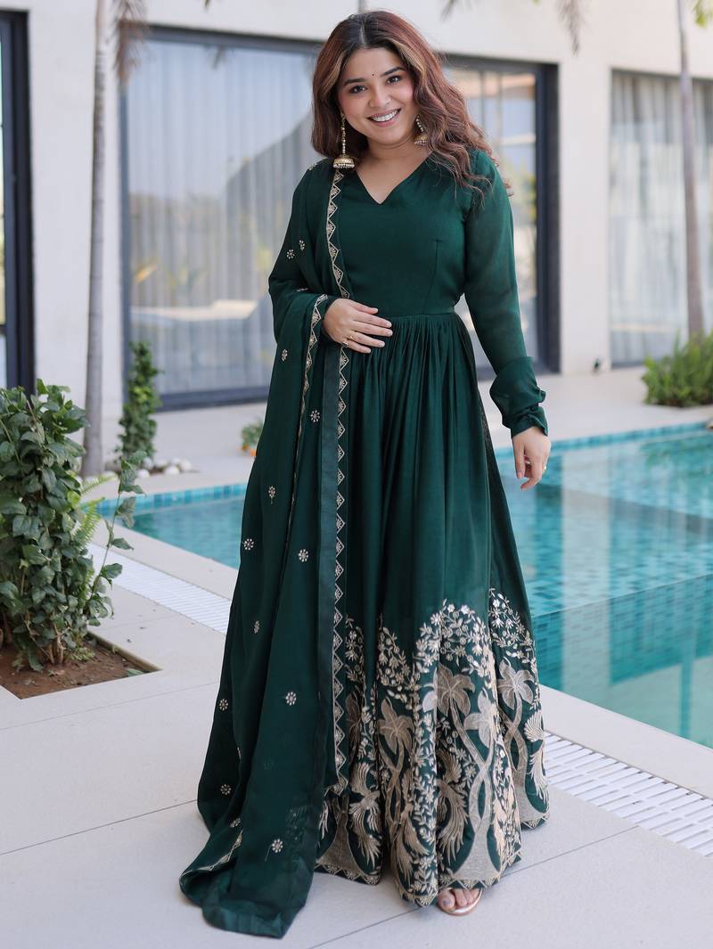 Amazing Bottle Green Sequins Crushed Mehendi Wear Gown With Dupatta