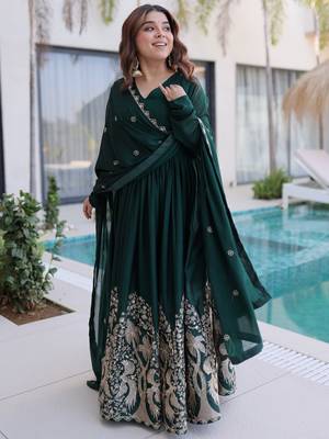 Amazing Bottle Green Sequins Crushed Mehendi Wear Gown With Dupatta 3