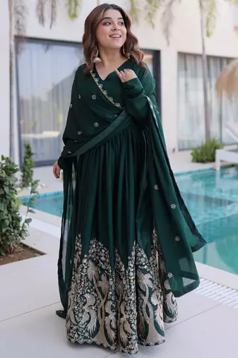 Amazing Bottle Green Sequins Crushed Mehendi Wear Gown With Dupatta