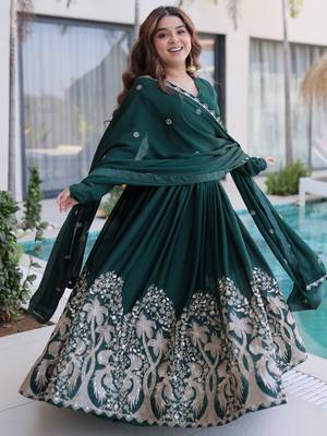 Amazing Bottle Green Sequins Crushed Mehendi Wear Gown With Dupatta 4