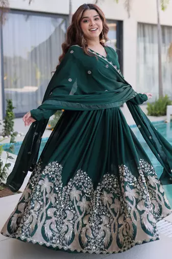 Amazing Bottle Green Sequins Crushed Mehendi Wear Gown With Dupatta