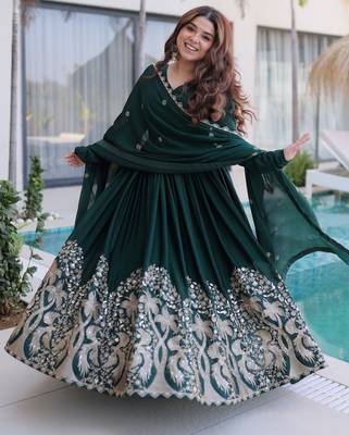 Amazing Bottle Green Sequins Crushed Mehendi Wear Gown With Dupatta 5