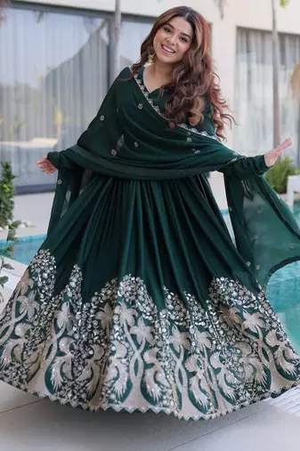 Amazing Bottle Green Sequins Crushed Mehendi Wear Gown With Dupatta