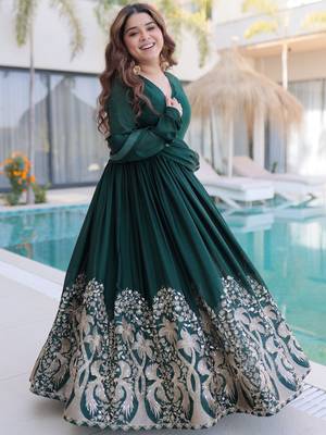 Amazing Bottle Green Sequins Crushed Mehendi Wear Gown With Dupatta 6