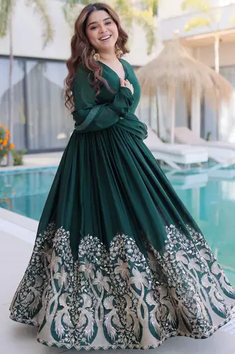 Amazing Bottle Green Sequins Crushed Mehendi Wear Gown With Dupatta