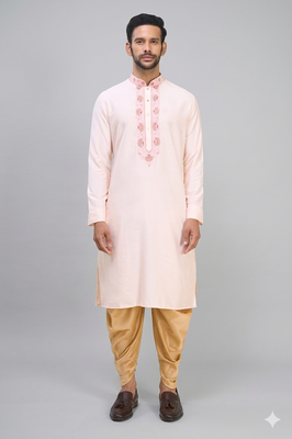 peach embroidered men’s silk kurta patiala set 1