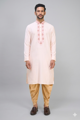 peach embroidered men’s silk kurta patiala set