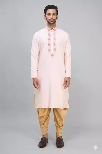peach embroidered men’s silk kurta patiala set