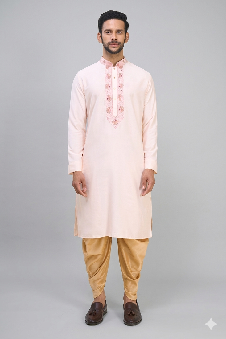 peach embroidered men’s silk kurta patiala set