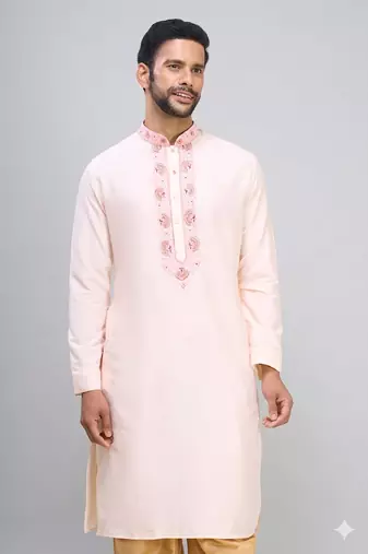 peach embroidered men’s silk kurta patiala set