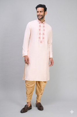 peach embroidered men’s silk kurta patiala set 4