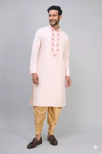 peach embroidered men’s silk kurta patiala set