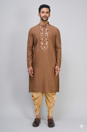 brown embroidered men’s silk kurta patiala set