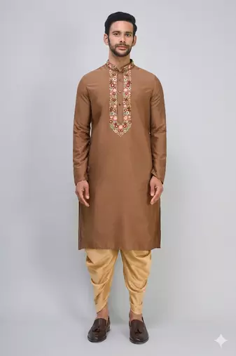 brown embroidered men’s silk kurta patiala set