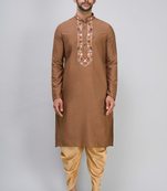 brown embroidered men’s silk kurta patiala set