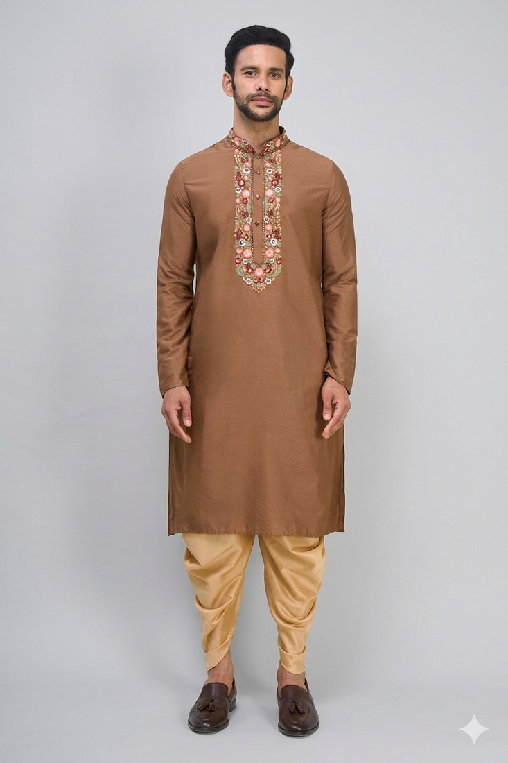 brown embroidered men’s silk kurta patiala set